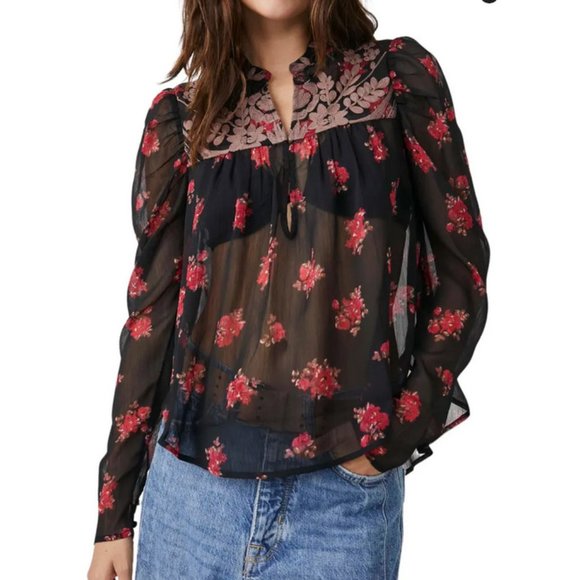 Free People Tops - Free People Patricia Floral Embroidered Sheer Blouse Long Sleeve in Night Sky